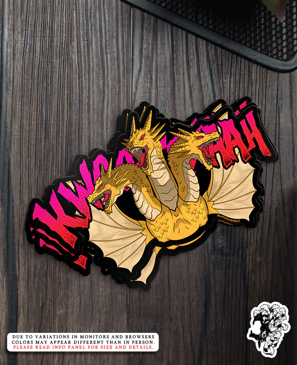 Kaiju Gods and Kings King Ghidorah Vinyl Sticker Design By Anthony Respect Stack Mockup 2